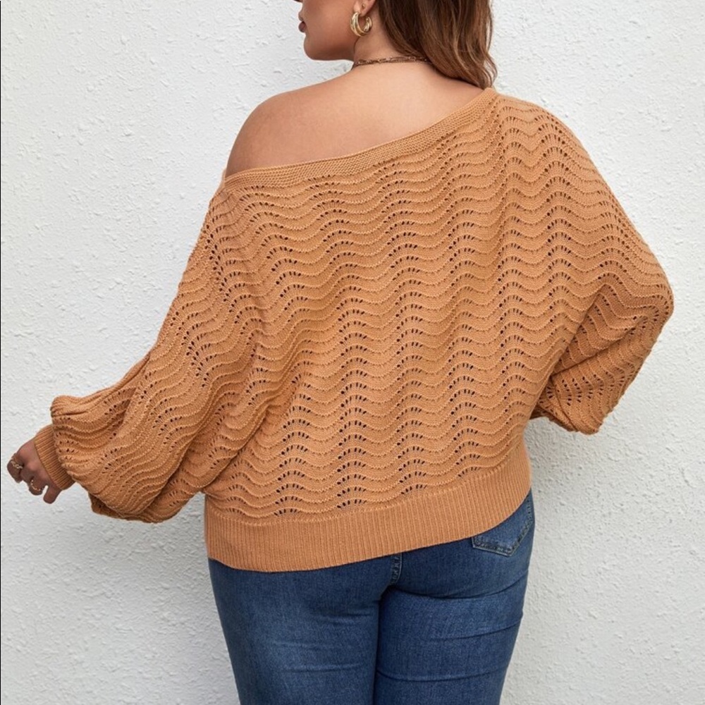 Plus Off Shoulder Asymmetrical Neck Batwing Cuff Sleeve Sweater Top - Picture 5 of 13